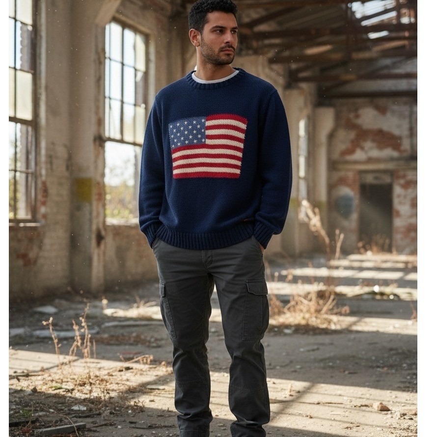 Polo Ralph Lauren Vtge Xl Navy Blue American Flag Intarsia Knit Crewneck Sweater